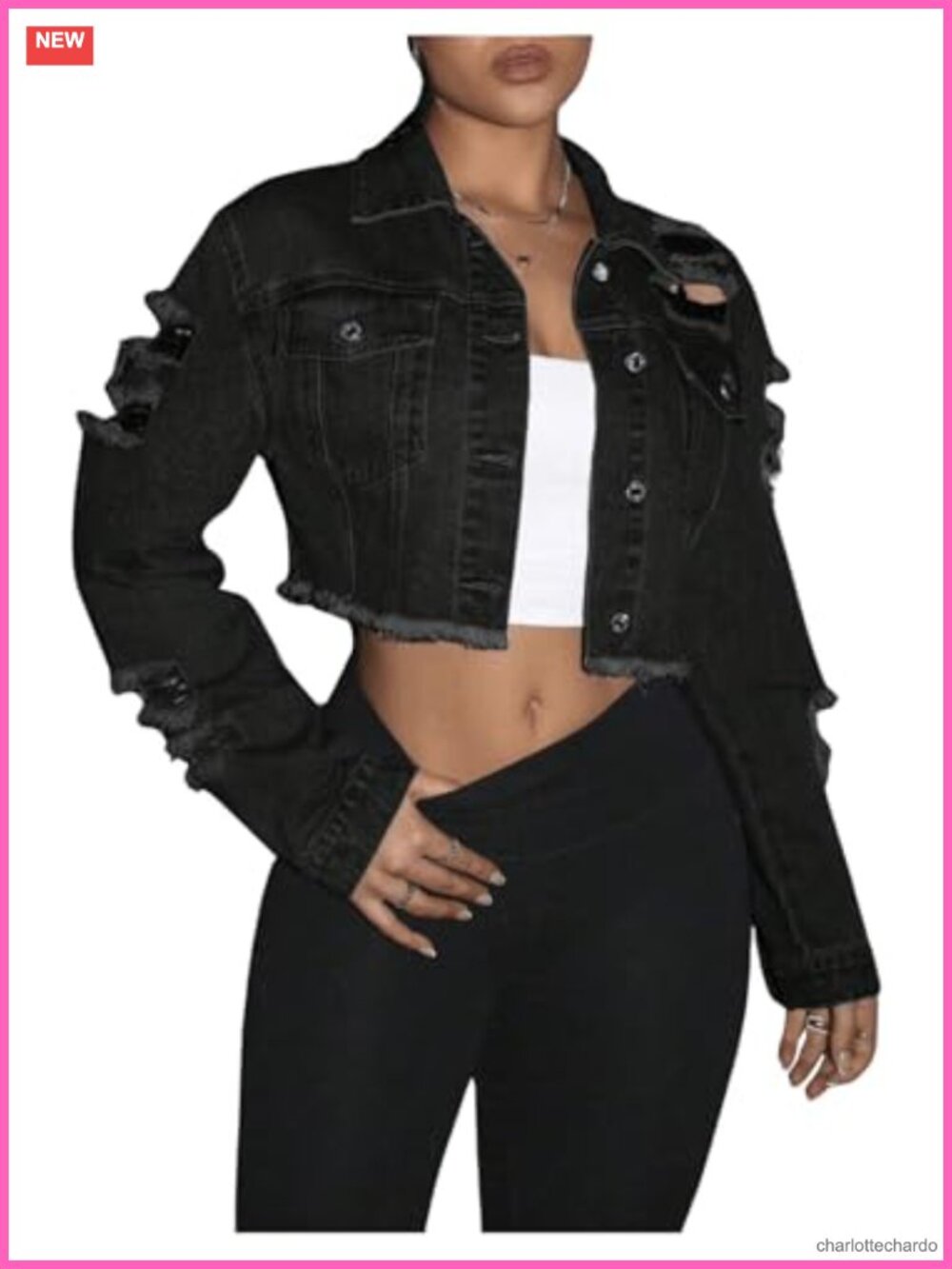 Button Down Distressed Cropped Denim Jacket Raw Hem Y2K